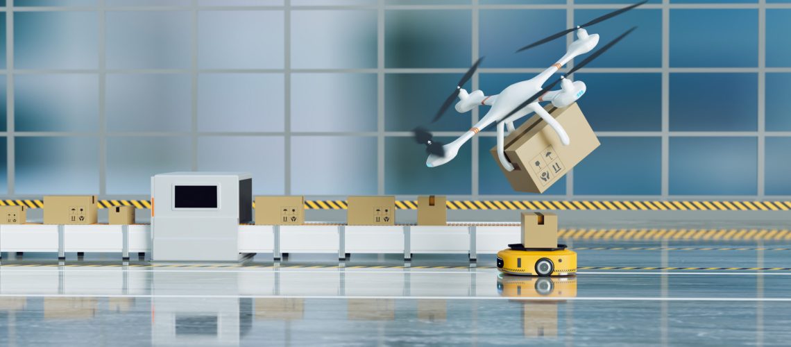 Delivery and transferring robot drone in warehouse, 3D illustrations rendering