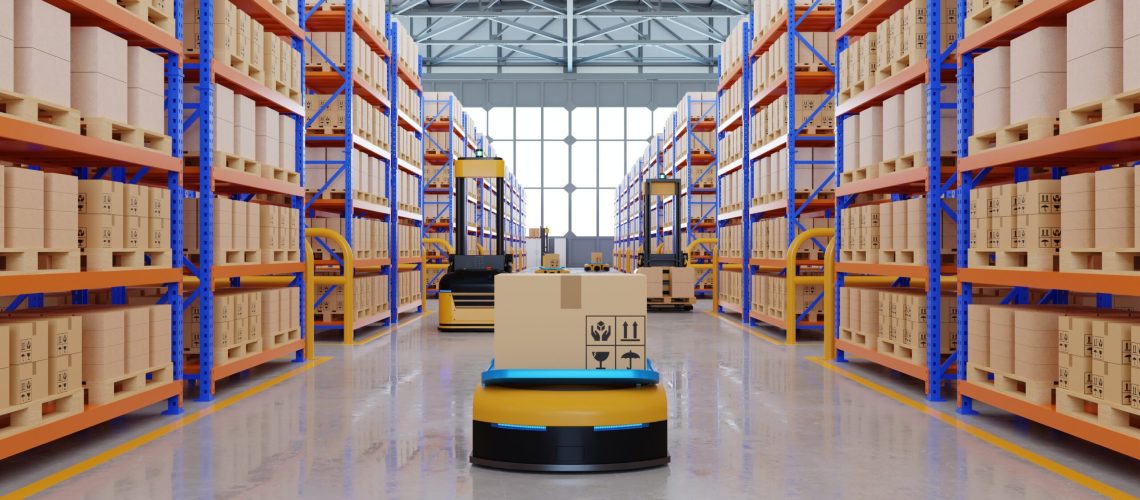An army of robots efficiently sorting hundreds of parcels per hour(Automated guided vehicle) AGV.3d rendering